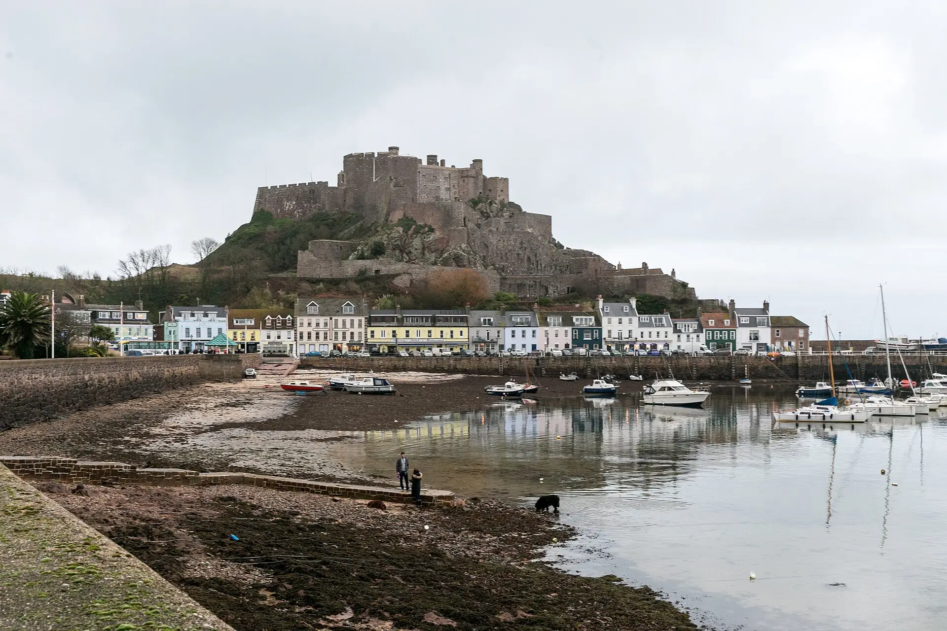 Gorey Harbour and Mont Orgueil Castle at low tide